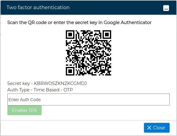 Two factor authentication QR code