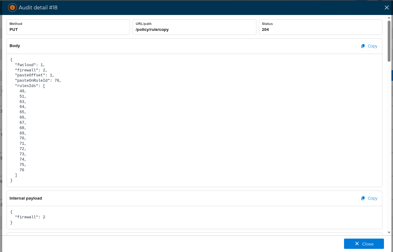 Audit log detail body and internal payload