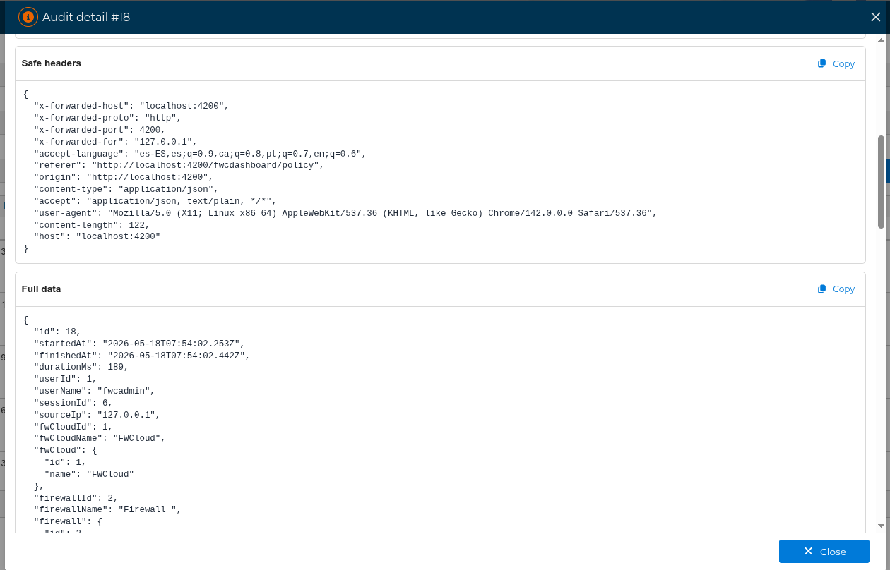 Audit log detail safe headers and full data