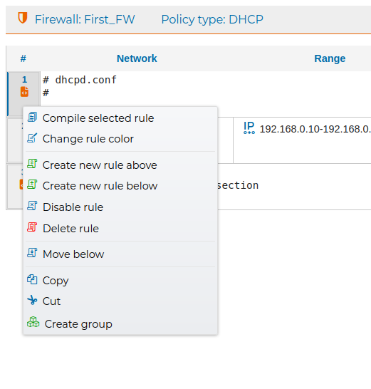 DHCP Rule Context Menu