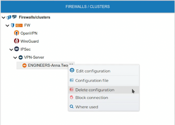 VPN Client Delete Menu